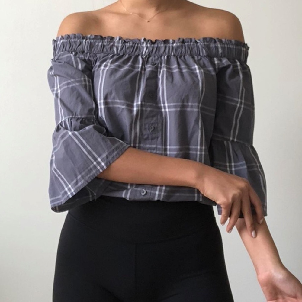 Abercrombie & Fitch off the shoulder checkered plaid print top